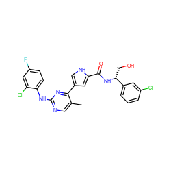 Cc1cnc(Nc2ccc(F)cc2Cl)nc1-c1c[nH]c(C(=O)N[C@H](CO)c2cccc(Cl)c2)c1 ZINC000035880991