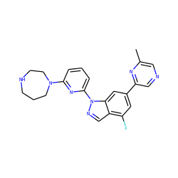 Cc1cncc(-c2cc(F)c3cnn(-c4cccc(N5CCCNCC5)n4)c3c2)n1 ZINC001772652390