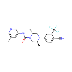 Cc1cncc(NC(=O)N2C[C@H](C)N(c3ccc(C#N)c(C(F)(F)F)c3)C[C@H]2C)c1 ZINC000013679710