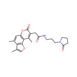 Cc1coc2c1c(C)cc1oc(=O)c(CC(=O)NCCCN3CCCC3=O)c(C)c12 ZINC000004090071