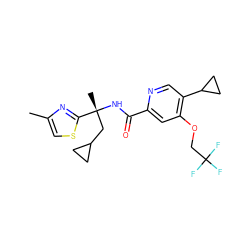 Cc1csc([C@@](C)(CC2CC2)NC(=O)c2cc(OCC(F)(F)F)c(C3CC3)cn2)n1 ZINC000146385173