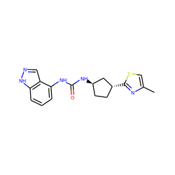 Cc1csc([C@@H]2CC[C@@H](NC(=O)Nc3cccc4[nH]ncc34)C2)n1 ZINC000169704979