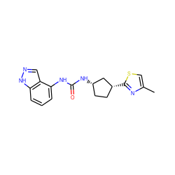 Cc1csc([C@@H]2CC[C@H](NC(=O)Nc3cccc4[nH]ncc34)C2)n1 ZINC000204439204