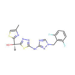 Cc1csc([C@](C)(O)c2nnc(Nc3ncn(Cc4c(F)cccc4F)n3)s2)n1 ZINC000103283794