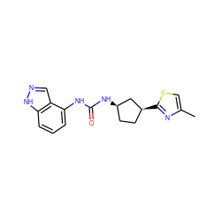 Cc1csc([C@H]2CC[C@@H](NC(=O)Nc3cccc4[nH]ncc34)C2)n1 ZINC000204436200