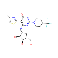 Cc1csc(-c2c(N[C@@H]3C[C@H](CO)[C@@H](O)[C@H]3O)nc(N3CCC(C(F)(F)F)CC3)[nH]c2=O)n1 ZINC001772649323