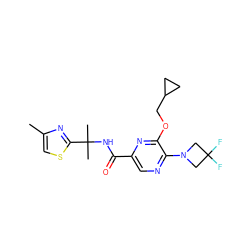 Cc1csc(C(C)(C)NC(=O)c2cnc(N3CC(F)(F)C3)c(OCC3CC3)n2)n1 ZINC000207385916