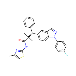 Cc1csc(NC(=O)C(C)(C)[C@@H](c2ccccc2)c2ccc3c(cnn3-c3ccc(F)cc3)c2)n1 ZINC000096283946