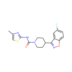 Cc1csc(NC(=O)N2CCC(c3noc4ccc(F)cc34)CC2)n1 ZINC000103241461