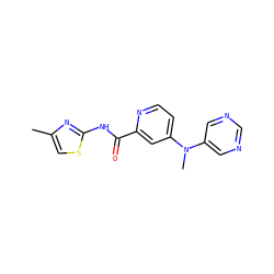 Cc1csc(NC(=O)c2cc(N(C)c3cncnc3)ccn2)n1 ZINC000167571854