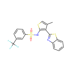 Cc1csc(NS(=O)(=O)c2cccc(C(F)(F)F)c2)c1-c1nc2ccccc2s1 ZINC000043060345