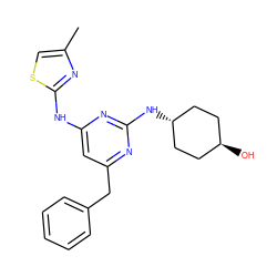 Cc1csc(Nc2cc(Cc3ccccc3)nc(N[C@H]3CC[C@H](O)CC3)n2)n1 ZINC000261154216