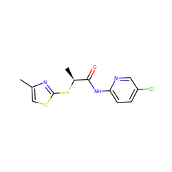 Cc1csc(S[C@@H](C)C(=O)Nc2ccc(Cl)cn2)n1 ZINC000003413767