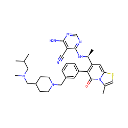 Cc1csc2cc([C@H](C)Nc3ncnc(N)c3C#N)c(-c3cccc(CN4CCC(CN(C)CC(C)C)CC4)c3)c(=O)n12 ZINC001772575170