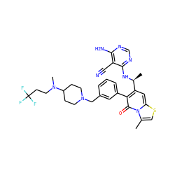 Cc1csc2cc([C@H](C)Nc3ncnc(N)c3C#N)c(-c3cccc(CN4CCC(N(C)CCC(F)(F)F)CC4)c3)c(=O)n12 ZINC001772601684