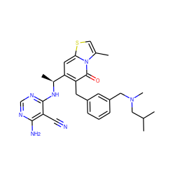 Cc1csc2cc([C@H](C)Nc3ncnc(N)c3C#N)c(Cc3cccc(CN(C)CC(C)C)c3)c(=O)n12 ZINC001772617049