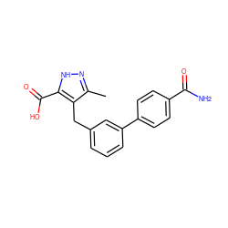 Cc1n[nH]c(C(=O)O)c1Cc1cccc(-c2ccc(C(N)=O)cc2)c1 ZINC000095555625