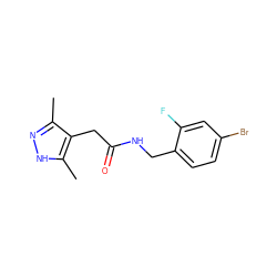 Cc1n[nH]c(C)c1CC(=O)NCc1ccc(Br)cc1F ZINC000084689082