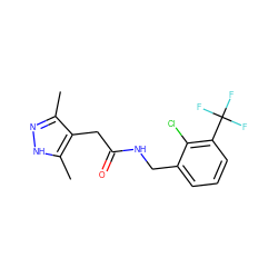 Cc1n[nH]c(C)c1CC(=O)NCc1cccc(C(F)(F)F)c1Cl ZINC000058650849