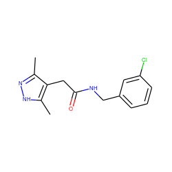 Cc1n[nH]c(C)c1CC(=O)NCc1cccc(Cl)c1 ZINC000021920468