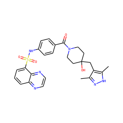 Cc1n[nH]c(C)c1CC1(O)CCN(C(=O)c2ccc(NS(=O)(=O)c3cccc4nccnc34)cc2)CC1 ZINC000217759517