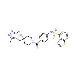 Cc1n[nH]c(C)c1CC1(O)CCN(C(=O)c2ccc(NS(=O)(=O)c3cccc4scnc34)cc2)CC1 ZINC000217796032