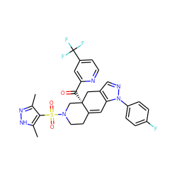 Cc1n[nH]c(C)c1S(=O)(=O)N1CCC2=Cc3c(cnn3-c3ccc(F)cc3)C[C@]2(C(=O)c2cc(C(F)(F)F)ccn2)C1 ZINC000141910837