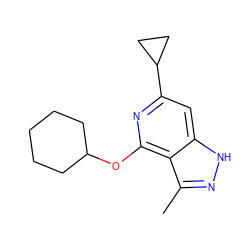 Cc1n[nH]c2cc(C3CC3)nc(OC3CCCCC3)c12 ZINC000114773507