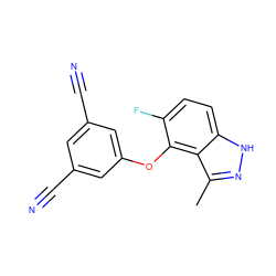 Cc1n[nH]c2ccc(F)c(Oc3cc(C#N)cc(C#N)c3)c12 ZINC000040915356