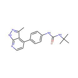 Cc1n[nH]c2nccc(-c3ccc(NC(=O)NC(C)(C)C)cc3)c12 ZINC001772625183