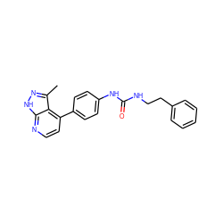 Cc1n[nH]c2nccc(-c3ccc(NC(=O)NCCc4ccccc4)cc3)c12 ZINC001772581206