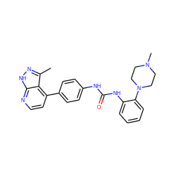 Cc1n[nH]c2nccc(-c3ccc(NC(=O)Nc4ccccc4N4CCN(C)CC4)cc3)c12 ZINC001772638681