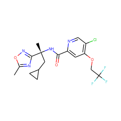 Cc1nc([C@@](C)(CC2CC2)NC(=O)c2cc(OCC(F)(F)F)c(Cl)cn2)no1 ZINC000149243532