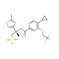 Cc1nc([C@@](C)(CS(C)(=O)=O)NC(=O)c2cc(OCC(F)(F)F)c(C3CC3)cn2)no1 ZINC000149220608