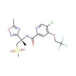 Cc1nc([C@@](C)(CS(C)(=O)=O)NC(=O)c2cc(OCC(F)(F)F)c(Cl)cn2)no1 ZINC000149240517