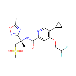 Cc1nc([C@@](C)(CS(C)(=O)=O)NC(=O)c2cc(OCC(F)F)c(C3CC3)cn2)no1 ZINC000146403078