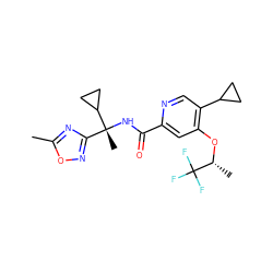 Cc1nc([C@@](C)(NC(=O)c2cc(O[C@H](C)C(F)(F)F)c(C3CC3)cn2)C2CC2)no1 ZINC000149235168