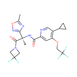 Cc1nc([C@@](C)(NC(=O)c2cc(OCC(F)(F)F)c(C3CC3)cn2)C(=O)N2CC(F)(F)C2)no1 ZINC000146435261