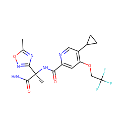 Cc1nc([C@@](C)(NC(=O)c2cc(OCC(F)(F)F)c(C3CC3)cn2)C(N)=O)no1 ZINC000146247398