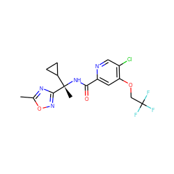 Cc1nc([C@@](C)(NC(=O)c2cc(OCC(F)(F)F)c(Cl)cn2)C2CC2)no1 ZINC000149219449