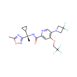 Cc1nc([C@@](C)(NC(=O)c2cc(OCC(F)(F)F)c(N3CC(F)(F)C3)cn2)C2CC2)no1 ZINC000146572548