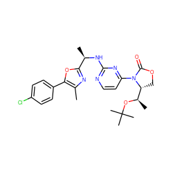 Cc1nc([C@@H](C)Nc2nccc(N3C(=O)OC[C@@H]3[C@@H](C)OC(C)(C)C)n2)oc1-c1ccc(Cl)cc1 ZINC000226104575