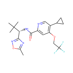 Cc1nc([C@@H](NC(=O)c2cc(OCC(F)(F)F)c(C3CC3)cn2)C(C)(C)C)no1 ZINC000146488127