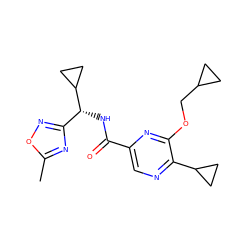 Cc1nc([C@@H](NC(=O)c2cnc(C3CC3)c(OCC3CC3)n2)C2CC2)no1 ZINC000207365120