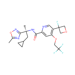 Cc1nc([C@](C)(CC2CC2)NC(=O)c2cc(OCC(F)(F)F)c(C3(F)COC3)cn2)no1 ZINC000146220982