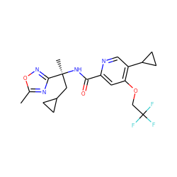 Cc1nc([C@](C)(CC2CC2)NC(=O)c2cc(OCC(F)(F)F)c(C3CC3)cn2)no1 ZINC000149214316