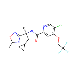 Cc1nc([C@](C)(CC2CC2)NC(=O)c2cc(OCC(F)(F)F)c(Cl)cn2)no1 ZINC000149206728