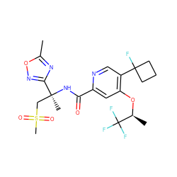 Cc1nc([C@](C)(CS(C)(=O)=O)NC(=O)c2cc(O[C@@H](C)C(F)(F)F)c(C3(F)CCC3)cn2)no1 ZINC000146482330