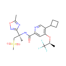 Cc1nc([C@](C)(CS(C)(=O)=O)NC(=O)c2cc(O[C@@H](C)C(F)(F)F)c(C3CCC3)cn2)no1 ZINC000146243955