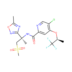 Cc1nc([C@](C)(CS(C)(=O)=O)NC(=O)c2cc(O[C@@H](C)C(F)(F)F)c(Cl)cn2)no1 ZINC001772649055